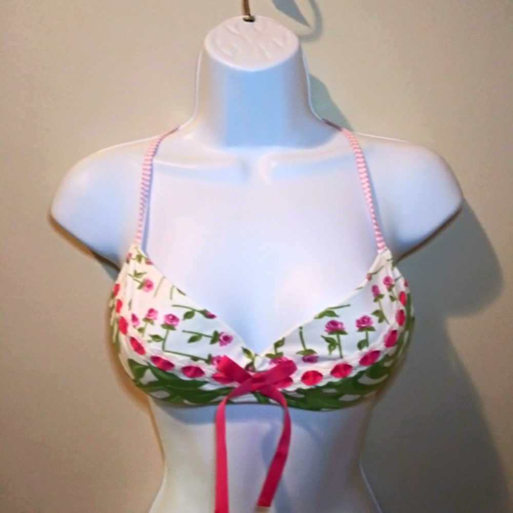 Letarte Maui Hawaii Hot Pink & Green Rose/Palm Print Bikini Top